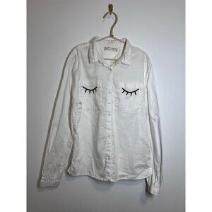 Zara Girls White Long Sleeve Button Down Shirt Eyelashes Size 13/14